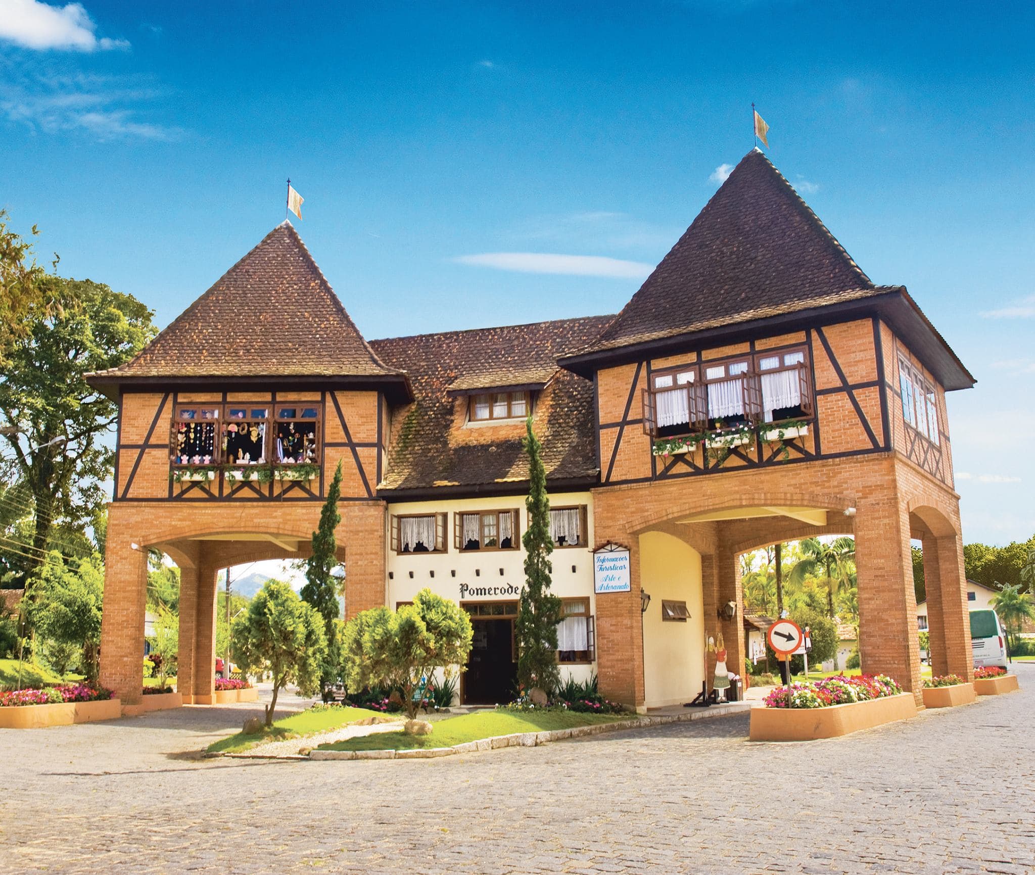 Vista das casas em estilo enxaimel em Pomerode, Santa Catarina